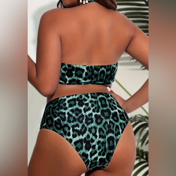Fashion Womens Plus Size 2pc Green Leopard Print Drawstring Bikini - Picture 5 of 10